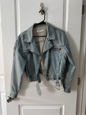 Light Blue Denim Moto Jacket with Belt - Women